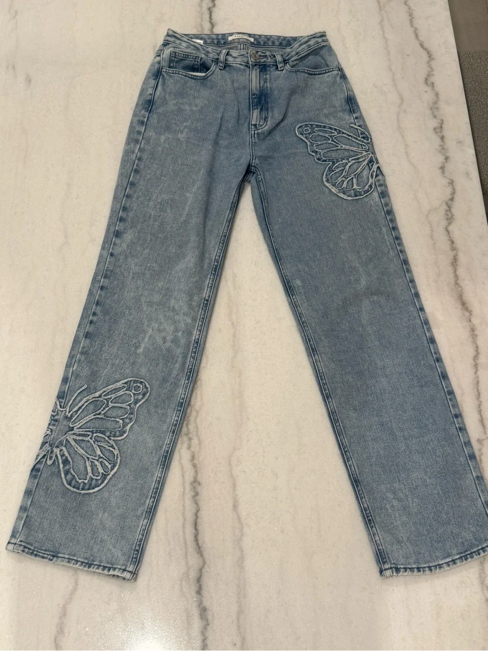 PacSun Light Blue Straight-Leg Jeans with Butterfly Embroidery